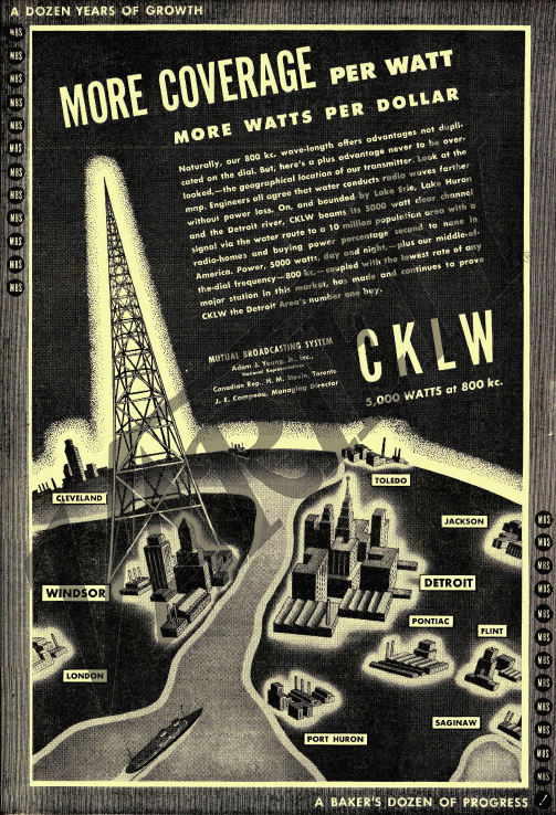 Vintage 1944 CKLW 5,000-watt transmitted coverage poster