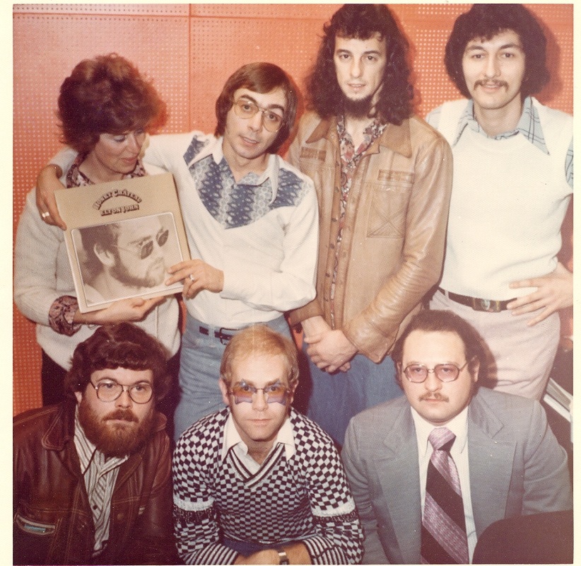 CKLW photo flashback: Rosalie Trombley, Bill Gable, Ted Richards, Pat Holiday, Bob Moody with Elton John in 1974 (Photo credit: Bob Moody)