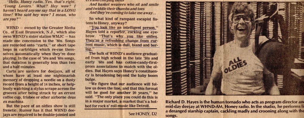 Article photograph featuring Richard D. Hayes: "...he performs like a deranged starship captain, cackling madly and crooning along with the songs." (Ann Arbor News; June 14, 1983).