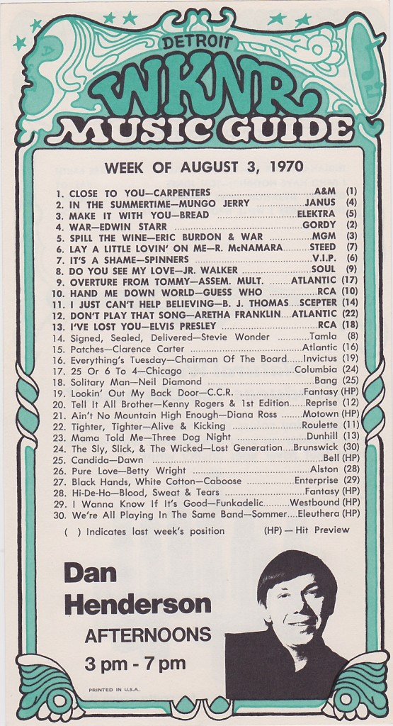 WKNR MUSIC GUIDE - AUGUST 3, 1970 - FRONT