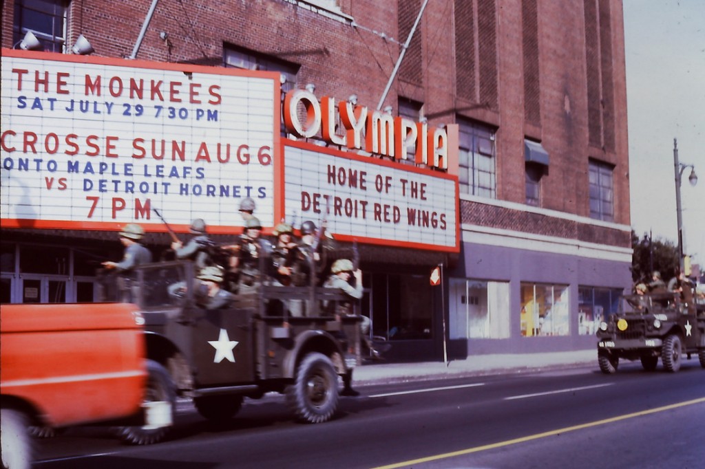 National Guardsmen patrolling Detroit’s Grand River Avenue in front of the Olympia, Thursday, July 27, 1967