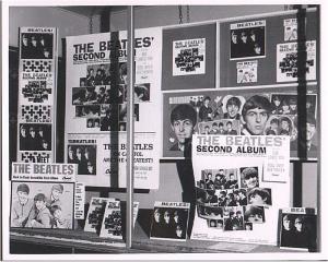 A Beatles records store-front display in Mount Vernon, New Jersey, February, 1964. (Click on image for larger size).