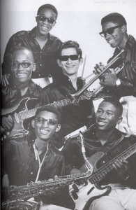 The Bar-Kays: (first row) Phalon Jones, James Alexander (middle row) Jimmie King, Ronnie Caldwell, Ben Cauley (back row) Carl Cunningham. (Click image for larger size).