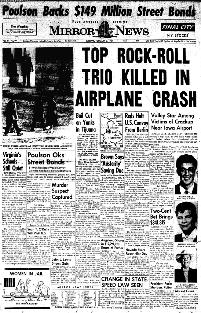 LOS ANGELES MIRROR: "TOP ROCK-ROLL TRIO KILLED" Tuesday, February 3, 1959 (click on image 2x for largest detailed view).